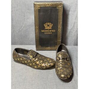 Moderno Uomo Gold‎ Pattern Loafers Mens Size 9 Slip On Dress Shoes Italy Design